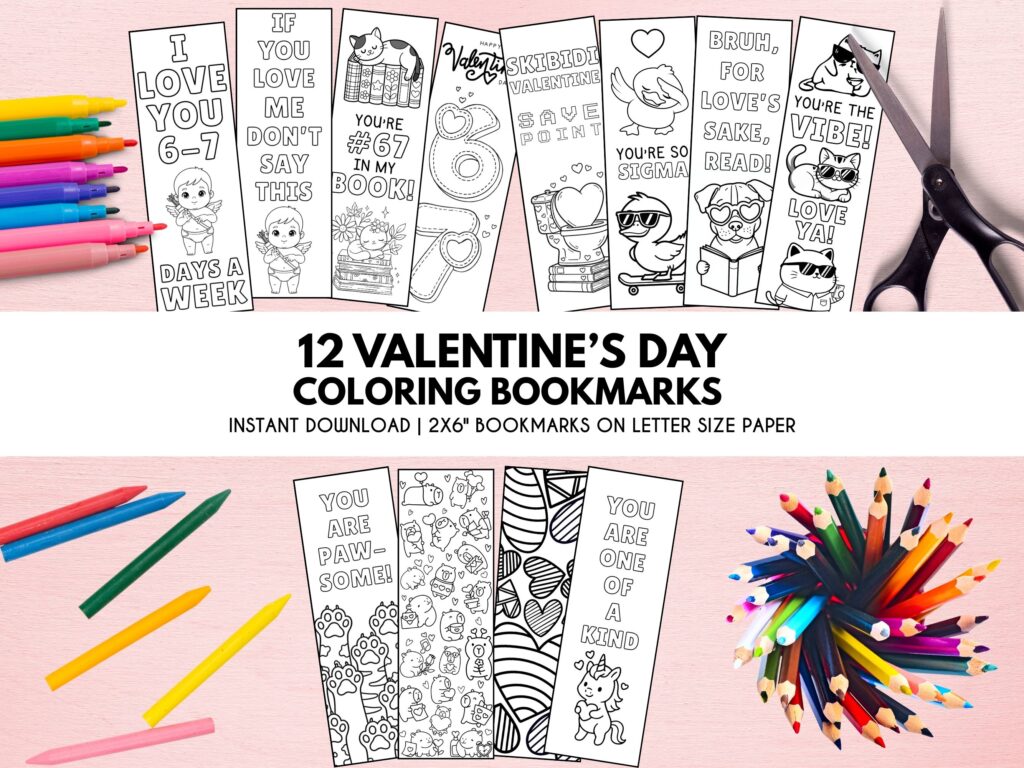 printable bookmarks to color valentine day